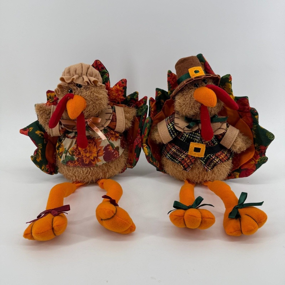 VTG Turkey Shelf Sitter Plush Dolls Fabric Thanksgiving Decor Pilgrim Set of 2